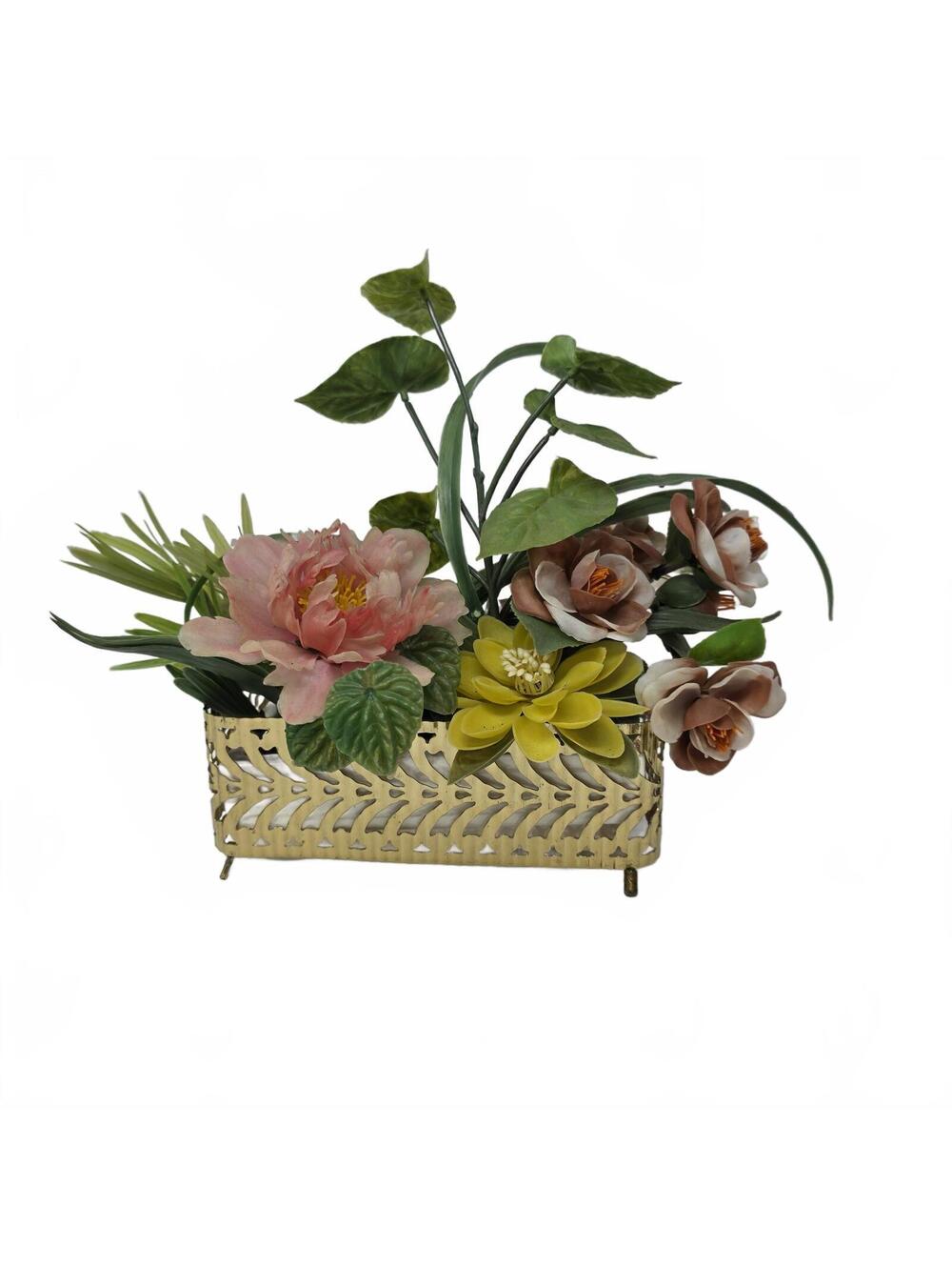Retro Faux Floral Arrangement USA Ceramic Planter Metal Stand Mid Century Decor